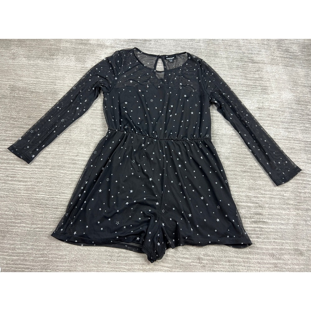 Joe Boxer Romper Womens XL Black Star Print Mesh Long Sleeve Keyhole Back Sheer
